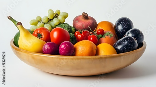 A close-up of vibrant fruits and vegetables arranged in a simple wooden bowl