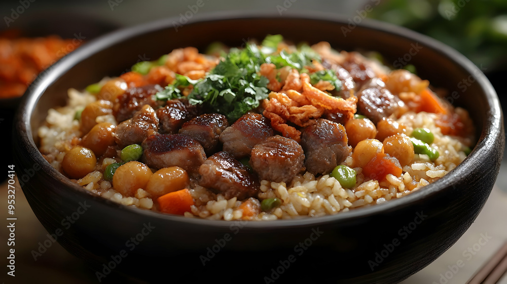 Close-up of a bowl of rice with beef, chickpeas, carrots, and peas. Close-up of a bowl of rice with beef, chickpeas, carrots, and peas.