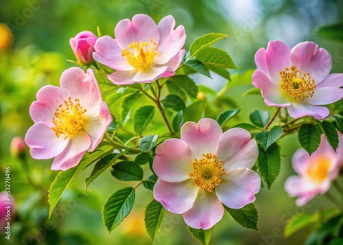 Delicate pink petals and prominent yellow centers adorn the lush, dark green foliage of a Larger-leaved Wild Rose bush, set against a soft, dreamy background.