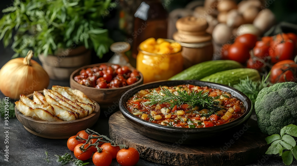 Close-up of a bowl of vegetable stew with fresh herbs, tomatoes, and a wooden cutting board. Close-up of a bowl of vegetable stew with fresh herbs, tomatoes, and a wooden cutting board.