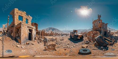 An immersive 360-degree panorama of a military outpost, with soldiers on patrol and armored vehicles standing guard against photo