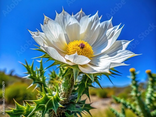 Delicate white and yellow petals of the argemone flower unfold from a prickly, thorny stem amidst a backdrop of lush green foliage and clear blue sky. photo