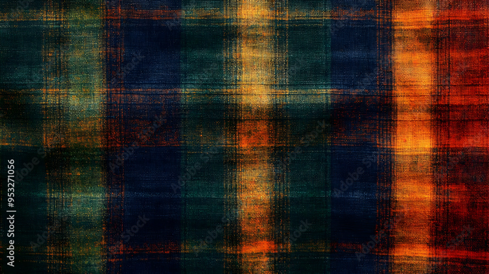 Fototapeta premium Closeup of a checkered fabric with dark blue, green, and orange hues, with visible texture and weave.