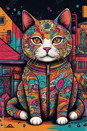 Seamless pattern of cute, colorful cat illustrations, playful and vibrant, in a children's art style