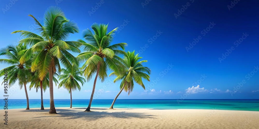 Fototapeta premium A serene summer concept featuring coconut trees, beach sand, and a blue background