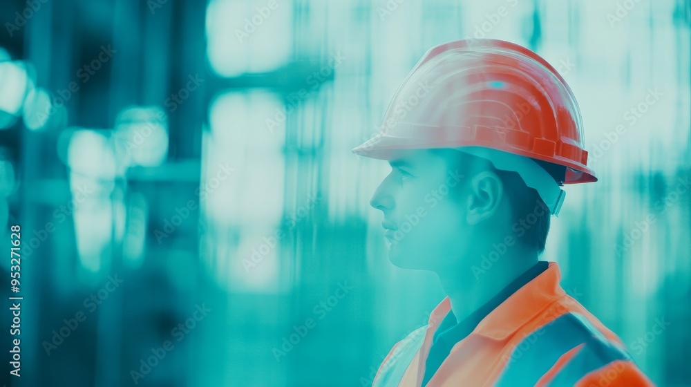 A profile of a construction worker wearing a safety helmet and reflective vest in an industrial setting. A profile of a construction worker wearing a safety helmet and reflective vest in an industrial setting.