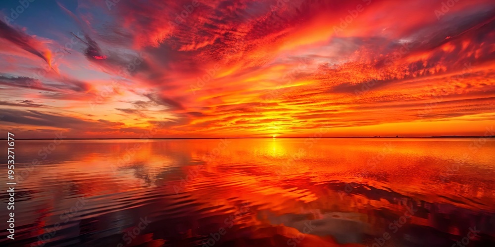 Vibrant red sunset over the horizon reflecting on the water Vibrant red sunset over the horizon reflecting on the water
