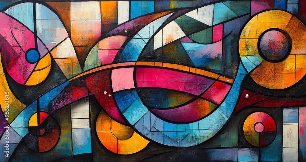 Fototapeta premium Colorful abstract mural featuring vinyl records and musical notes on a vibrant background