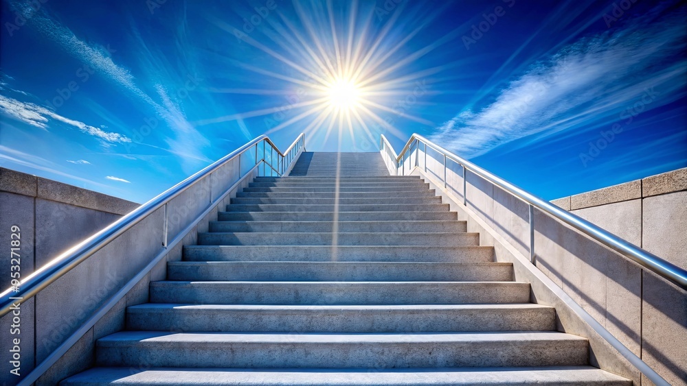 A captivating image of a staircase leading up towards the bright sun in a clear blue sky A captivating image of a staircase leading up towards the bright sun in a clear blue sky