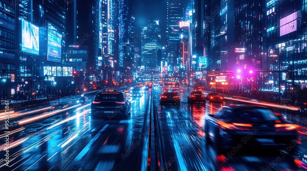 A lively urban street scene at night, bathed in neon lights. The high-rise buildings are adorned with bright, colorful advertisements and electronic billboards. The wet road reflects the vivid lights A lively urban street scene at night, bathed in neon lights. The high-rise buildings are adorned with bright, colorful advertisements and electronic billboards. The wet road reflects the vivid lights