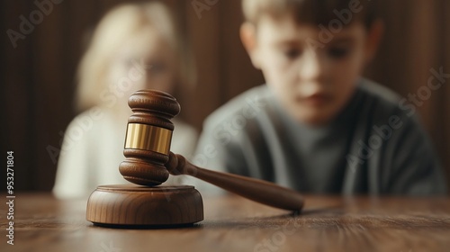 Justice for the Young: A gavel rests solemnly on a wooden table, its presence looming large as two children, blurred in the background, bear the weight of a legal decision.