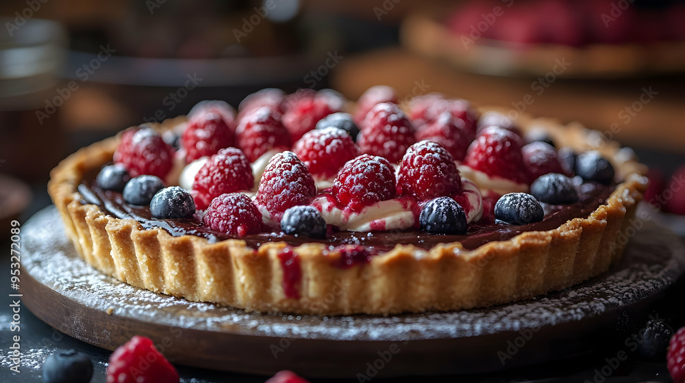 Closeup of a delicious raspberry and blueberry tart with chocolate filling. Closeup of a delicious raspberry and blueberry tart with chocolate filling.