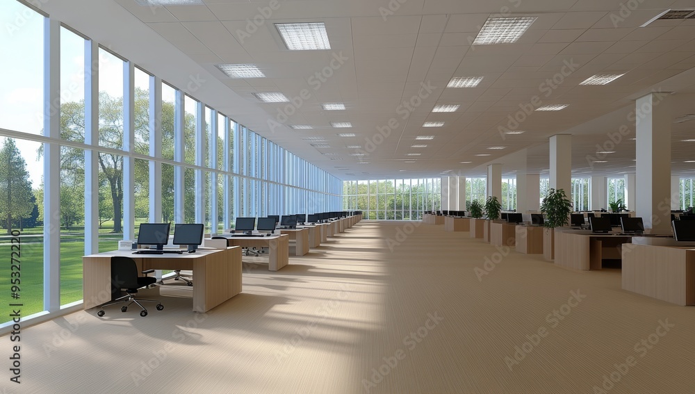 A large open-plan office with desks and computers A large open-plan office with desks and computers