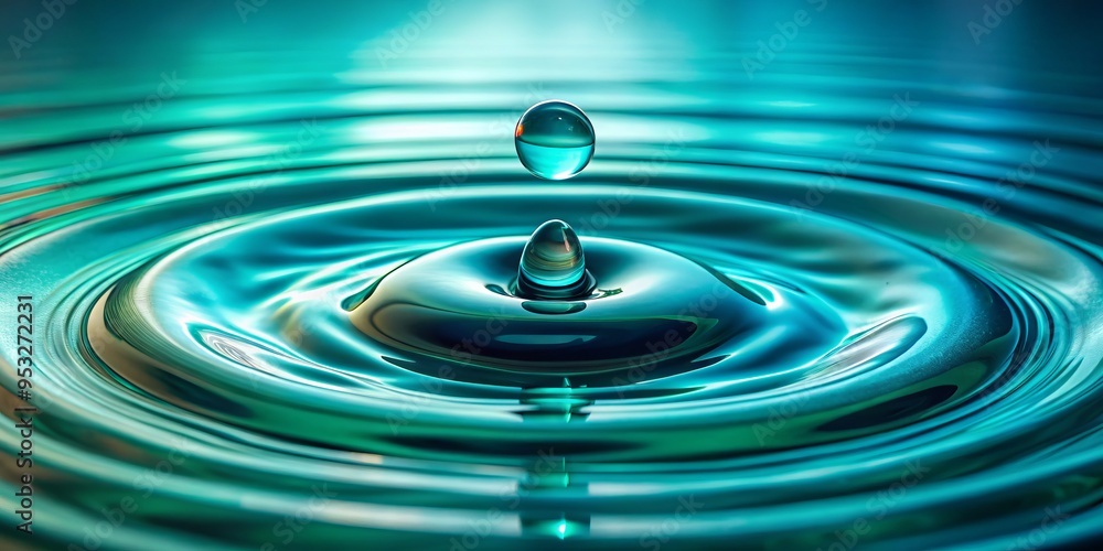 Mesmerizing macro shot of turquoise water droplet suspended in mid-air, capturing perfect harmony of sound wave ripples and refracted light, evoking serenity and wonder. Mesmerizing macro shot of turquoise water droplet suspended in mid-air, capturing perfect harmony of sound wave ripples and refracted light, evoking serenity and wonder.