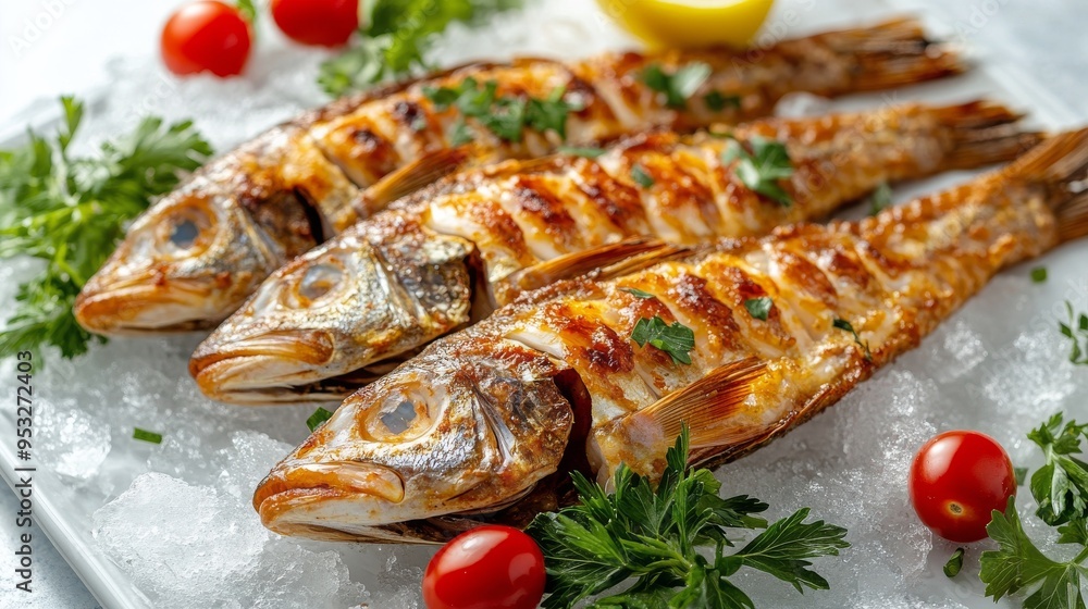 Grilled fish on a bed of ice garnished with cherry tomatoes and fresh herbs at a dinner setting Grilled fish on a bed of ice garnished with cherry tomatoes and fresh herbs at a dinner setting