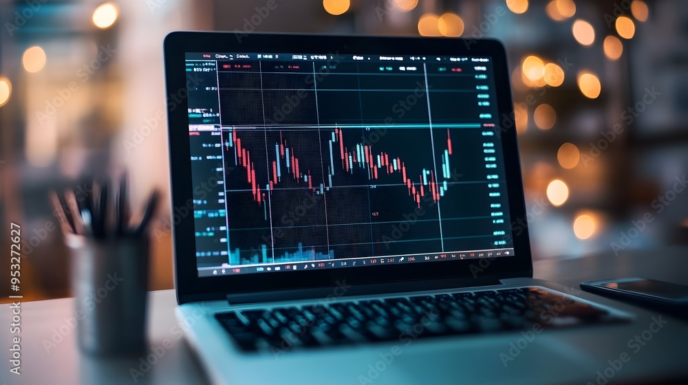 Laptop Displaying Financial Charts on Desk for Business Analytics and Investment Decisions Laptop Displaying Financial Charts on Desk for Business Analytics and Investment Decisions