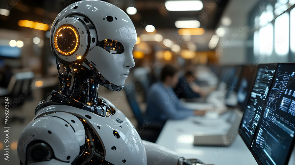 Close-up of a futuristic robot's head in an office setting. Close-up of a futuristic robot's head in an office setting.