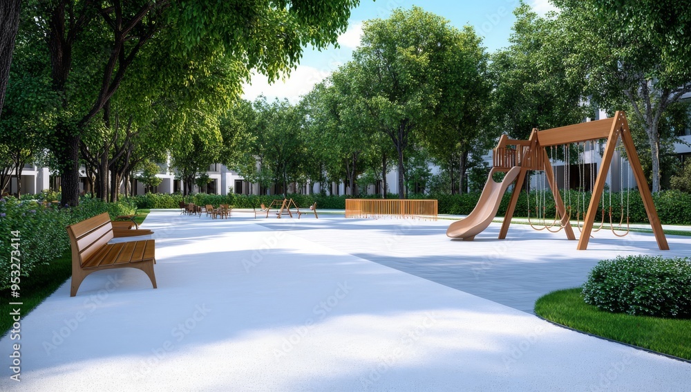 An Outdoor Children's Playground With Wooden Play Structures An Outdoor Children's Playground With Wooden Play Structures