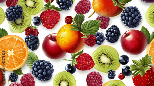 Fresh Fruit Mix Berries Kiwi Orange Apple Peach White Background