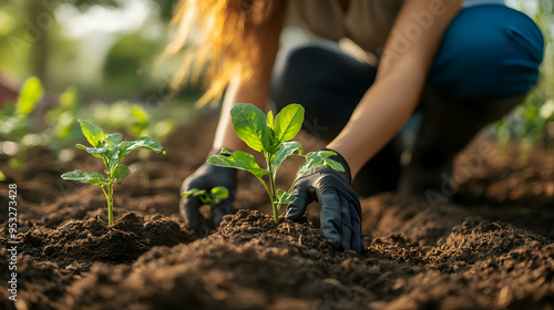 Closeup of a gardener's hand planting a seedling in rich soil. photo