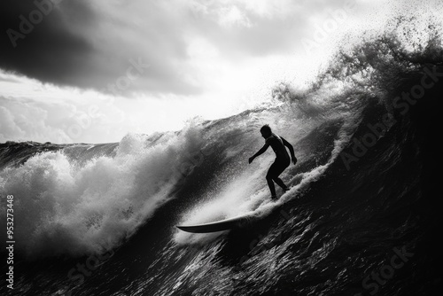 Surfer riding a big wave in the ocean photo