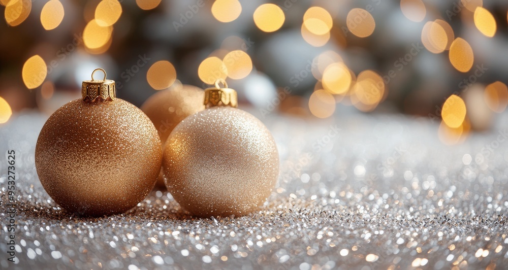 Gold and silver Christmas ornaments set against a shining surface and festive lights Gold and silver Christmas ornaments set against a shining surface and festive lights