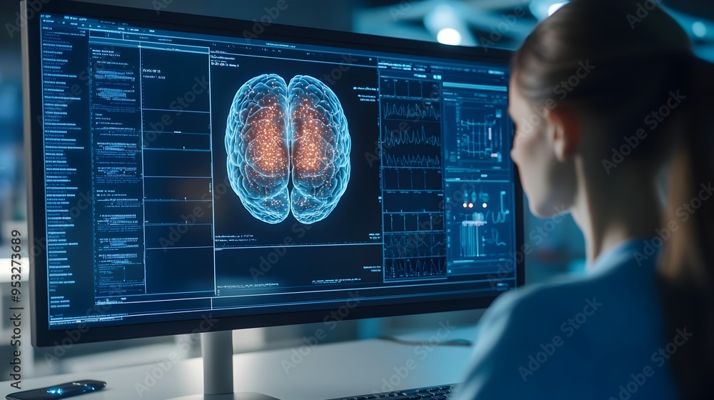 MRI Brain Scan Displayed on Computer Monitor for Medical Analysis and Diagnosis MRI Brain Scan Displayed on Computer Monitor for Medical Analysis and Diagnosis