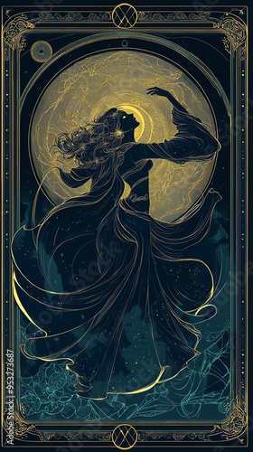 Set 12 Zodiac Project : Zodiac Virgo
blue and gold cyberpunk neon tarot card design of the girl dancing and golden septum in dark robes, representing power