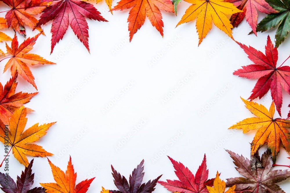 Autumn Maple Leaves Flat Lay White Background created with Generative AI Autumn Maple Leaves Flat Lay White Background created with Generative AI