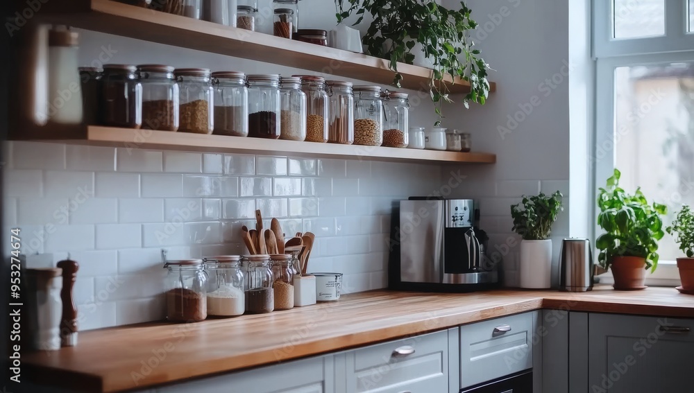 A Kitchen With Light Gray Cabinets And A Wooden Countertop A Kitchen With Light Gray Cabinets And A Wooden Countertop
