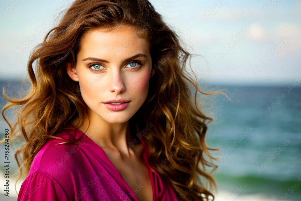 Portrait of a young, beautiful woman with wavy brown hair, AI Generation