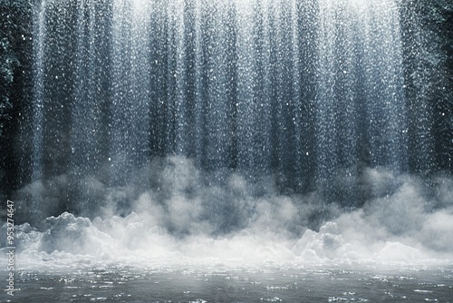 A misty waterfall with sunlight shining through the cascading water. The water creates a mist that covers the ground, creating a magical and ethereal feel.