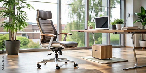 modern ergonomic chair wireless charging minimalist ambient sophisticated neutral tones productivity concept sleek lines seamless integration innovative technology enhancing worklife balance photo