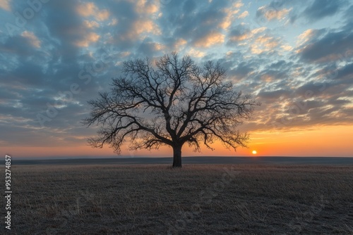 Lonely oak tree standing in field at sunrise with colorful sky