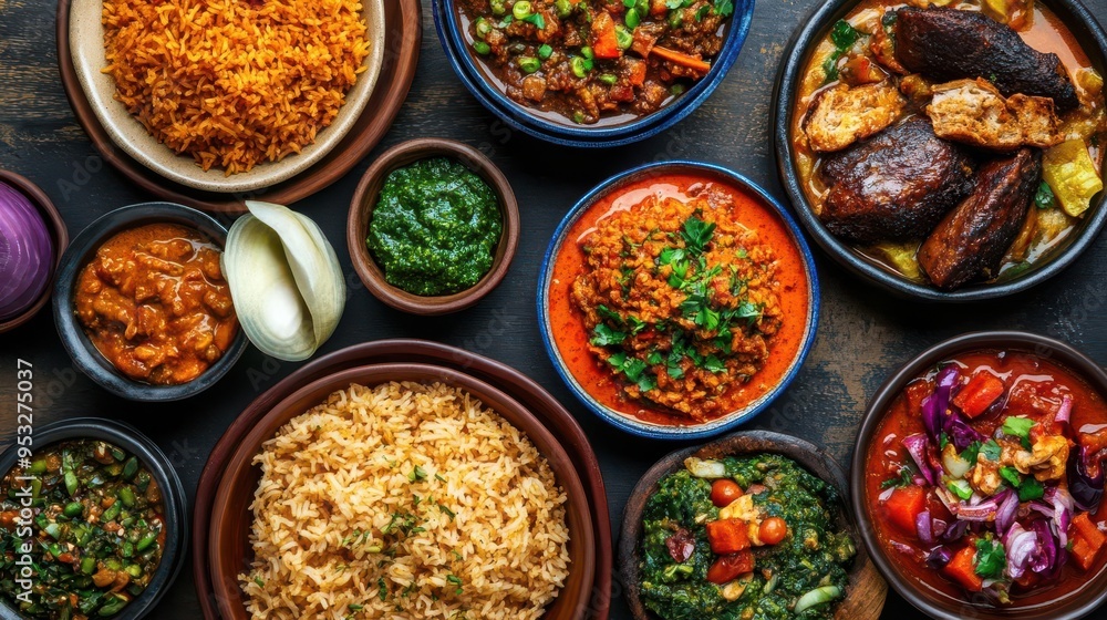 A table full of traditional Nigerian food with many different dishes, including rice, beans, and meat A table full of traditional Nigerian food with many different dishes, including rice, beans, and meat