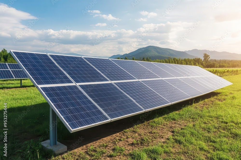 Solar panels in a field with mountains in the background, showcasing renewable energy and sustainable power generation on a sunny day. Solar panels in a field with mountains in the background, showcasing renewable energy and sustainable power generation on a sunny day.