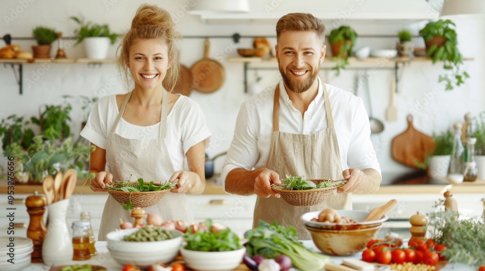 Portrait Caucasian couple love is smiling and holding food salad in bowl for cooking in kitchen together. warmth of family at cozy home Portrait Caucasian couple love is smiling and holding food salad in bowl for cooking in kitchen together. warmth of family at cozy home