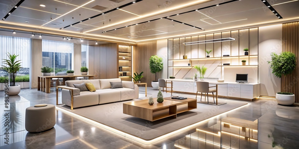 Fototapeta premium modern minimalist showroom interior spacious airy atmosphere sleek high-tech gadgets embedded furniture pieces futuristic ambiance soft golden lighting subtle pastel hues