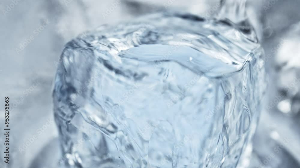Super Slow Motion Shot of Transparent Liquid Pouring on Perfect Ice Cube at 1000fps. Super Slow Motion Shot of Transparent Liquid Pouring on Perfect Ice Cube at 1000fps.