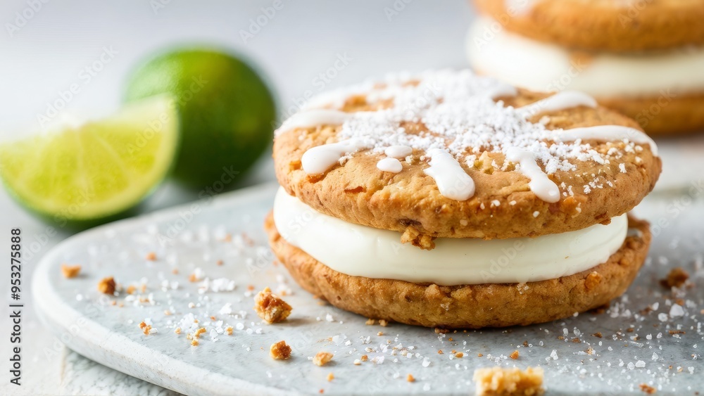 Soft cookies and two lime cookies with white icing, stacked on top of each other and cut in half so that the filling in the center is visible. Everything is sprinkled with powdered sugar. Soft cookies and two lime cookies with white icing, stacked on top of each other and cut in half so that the filling in the center is visible. Everything is sprinkled with powdered sugar.