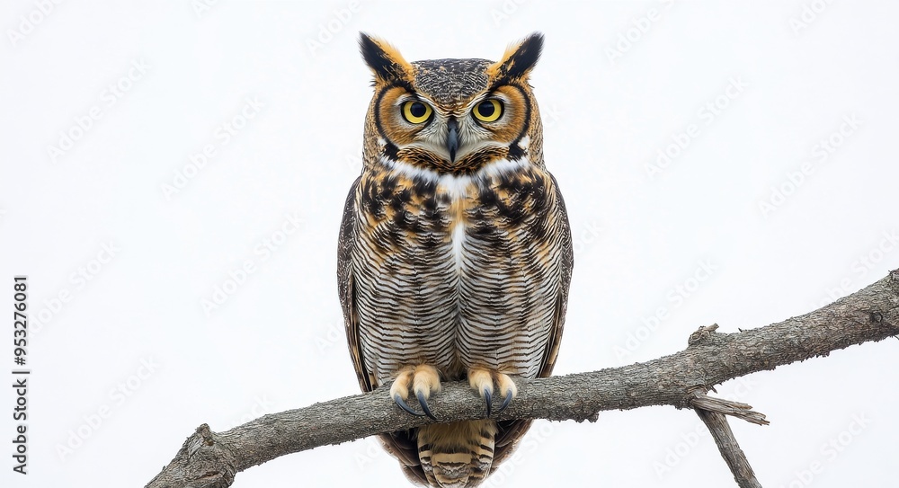 A majestic great horned owl perched on a branch against a clear sky during daylight hours A majestic great horned owl perched on a branch against a clear sky during daylight hours