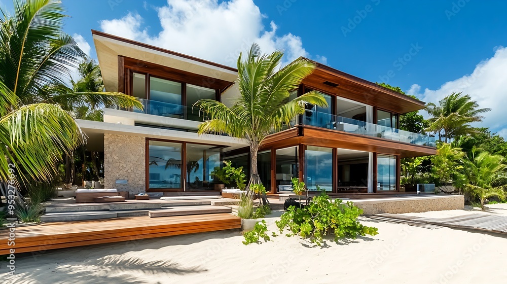 Fototapeta premium Luxurious beachfront property with modern architecture, pristine beach, palm trees, and bright midday lighting