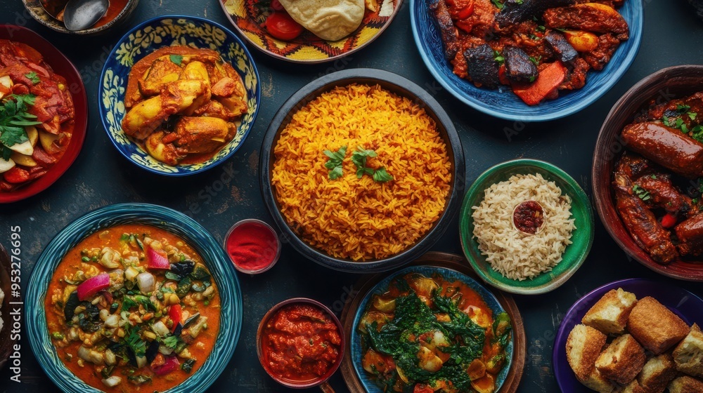 A table full of traditional Nigerian food with many different dishes, including rice, beans, and meat A table full of traditional Nigerian food with many different dishes, including rice, beans, and meat