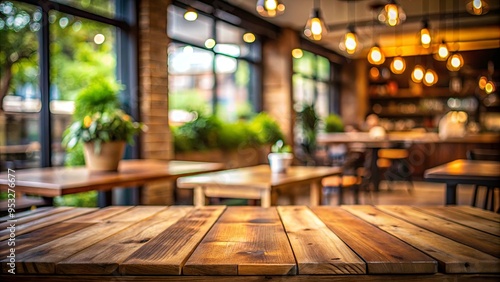 Wallpaper Mural Empty wooden table in a cozy cafe setting, blurred background with cups and saucers Torontodigital.ca
