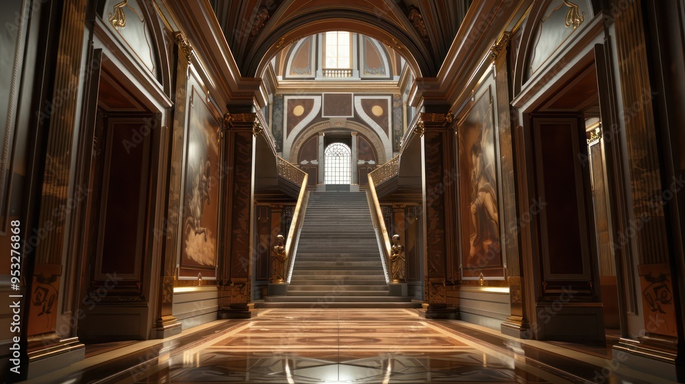 Fototapeta premium perspective view from the floor level, capturing the hallway's grandeur with an upward view of the staircase