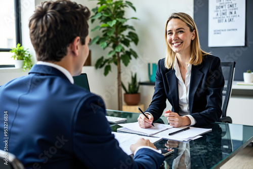 Cheerful HR Manager Interviewing Confident Graduate: Perfect for Recruitment Ads and Career Development Materials photo