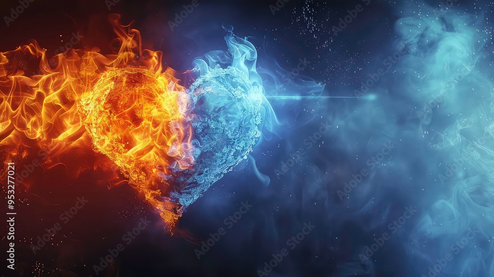 Fototapeta premium Abstract heart shaped fire and ice with glowing sparkles.