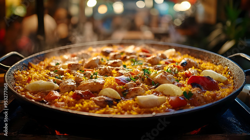Closeup of a paella dish wi...