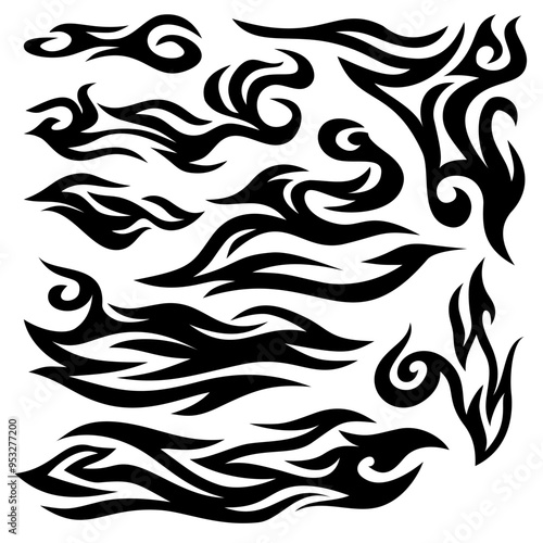 tribal fire symbol design. fire flame vector illustration. Flame decal. Tribal fire vinyl stickers for transportation. Burning element with curves for vehicle. y2k gothic flame stickers.