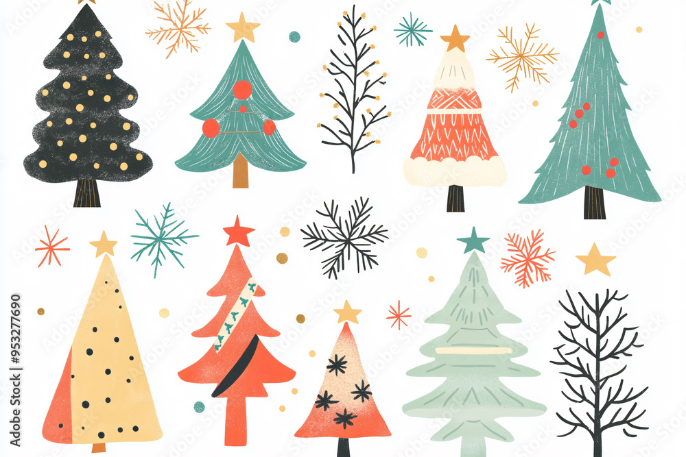 Colorful Christmas trees and festive elements create joyful holiday atmosphere. Perfect for seasonal decorations and crafts. Colorful Christmas trees and festive elements create joyful holiday atmosphere. Perfect for seasonal decorations and crafts.